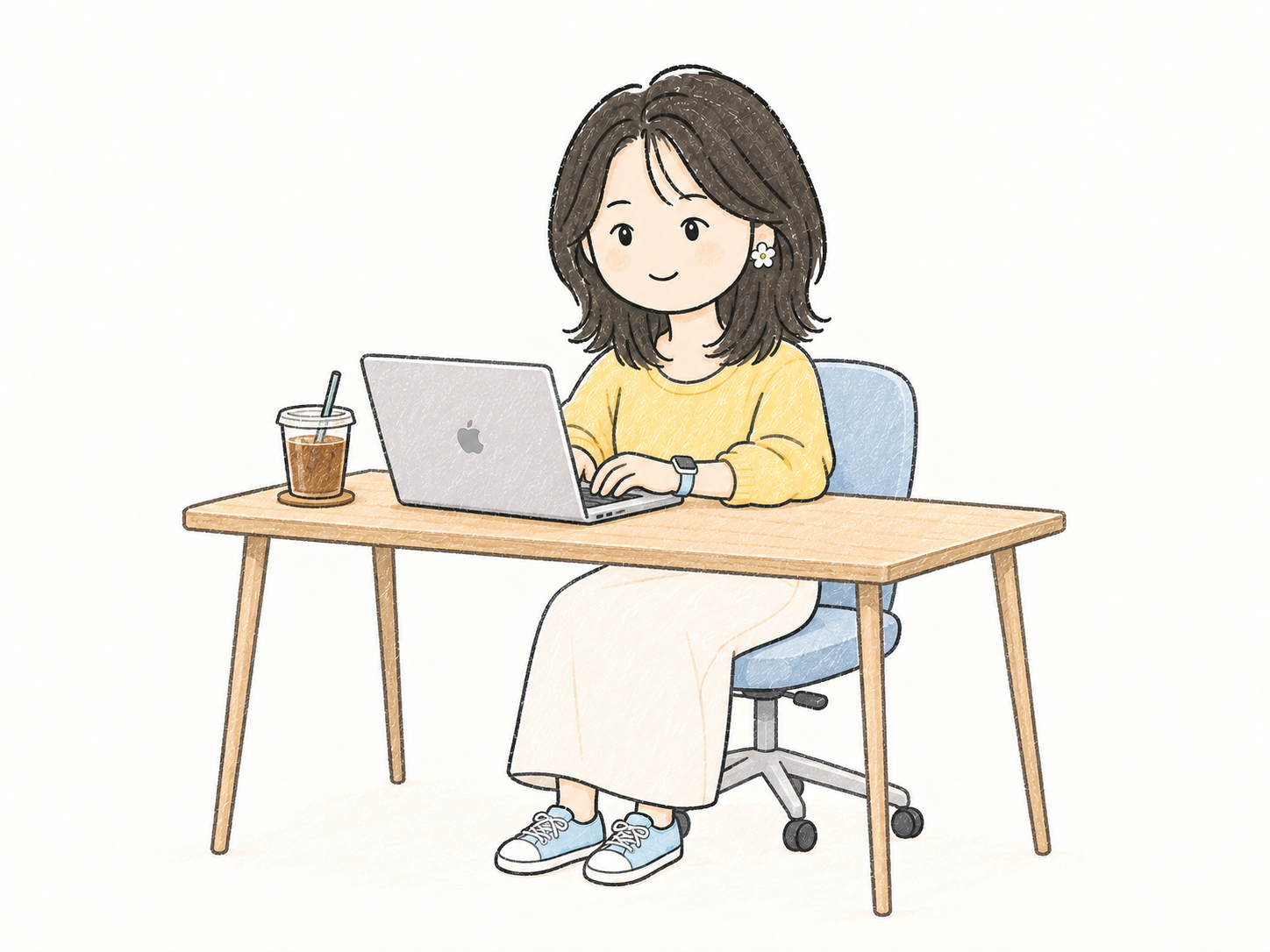 穿裙装、戴浅蓝手表的小熊坐在桌前用 Mac 办公,旁边放着咖啡